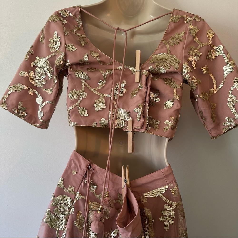 Blush Embroidered Indian Wedding Two Piece Dress with Gold Accents - Picture 7 of 16